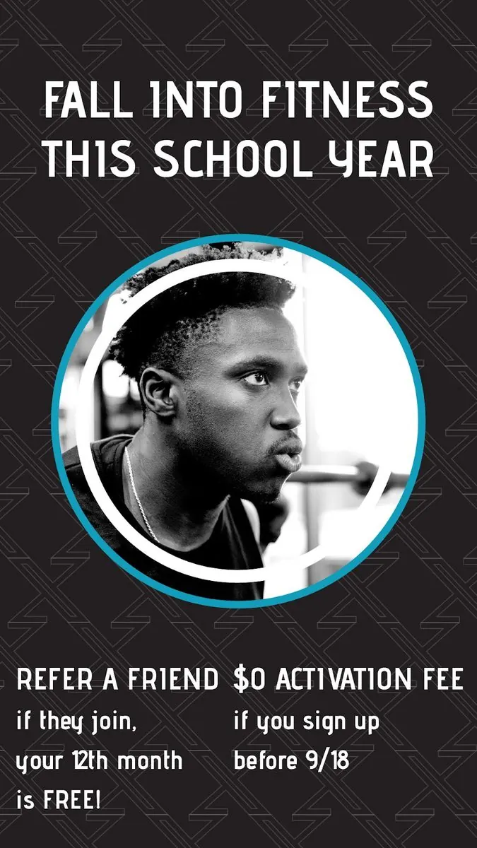 Story graphic: Fall into Fitness This School Year, with a member portrait in a teal ring