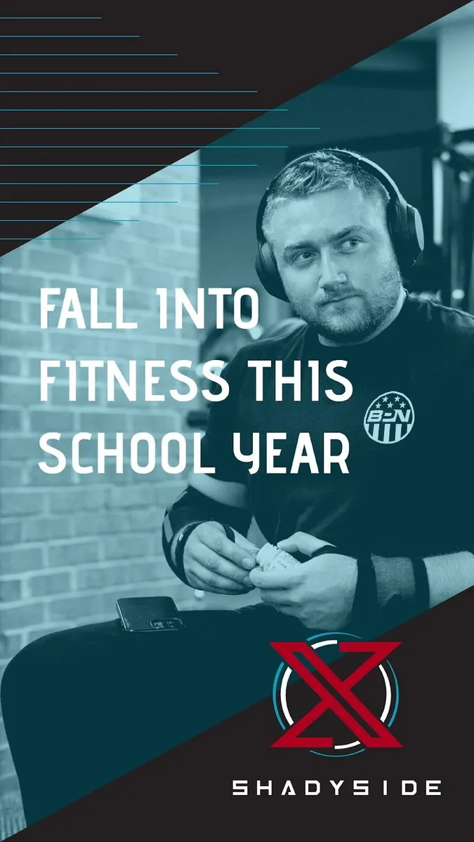 Story graphic: Fall into Fitness This School Year over a member at the gym
