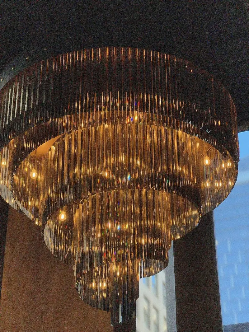 Gold crystal chandelier seen from below