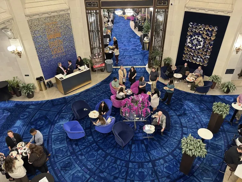 Tenants filling the Union Trust Building lobby during Taste of UTB, seen from the mezzanine