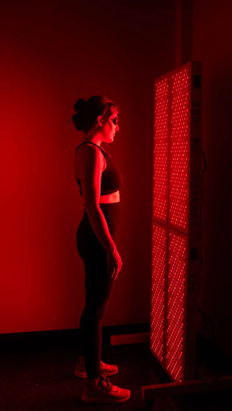 Red-light therapy panel in the Iron 24 recovery room